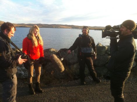 The Great British Winter team filming in Hillswick at the end of January. From left: director/producer Will Ridgeon, presenter Ellie Harrison, sound recorder Simon Coles and cameraman Peter Hyns