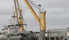 The cargo vessel Gloria unloading modules for the Total gas plant at Lerwick harbour last week. Photo Valian