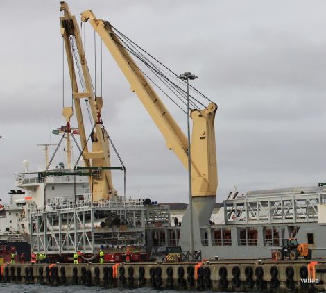 The cargo vessel Gloria unloading modules for the Total gas plant at Lerwick harbour last week. Photo Valian