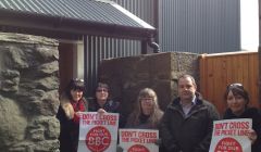 Off air. Striking BBC staff and fellow presenters picketed outside the Radio Shetland studios in Pitt Lane at lunchtime on Thursday. From left: Jane Moncrieff, Caroline Moyes, Mary Blance, John Johnston and Helen Smith.