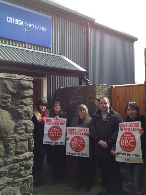 Off air. Striking BBC staff and fellow presenters picketed outside the Radio Shetland studios in Pitt Lane at lunchtime on Thursday. From left: Jane Moncrieff, Caroline Moyes, Mary Blance, John Johnston and Helen Smith.