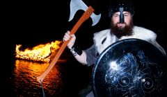 Guizer Jarl Barry Anderson with his burning galley.