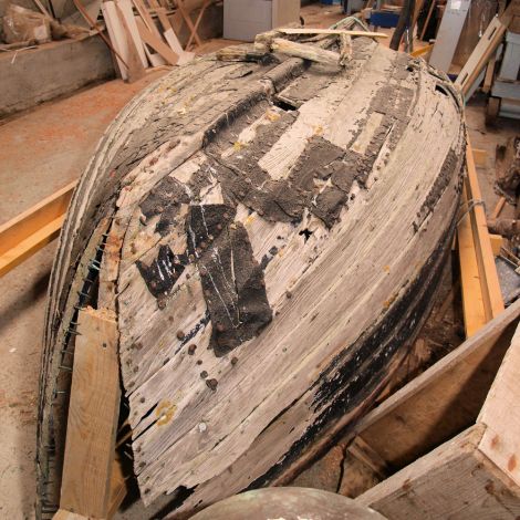 The lifeboat in the boat shed of Shetland Museum and Archives.