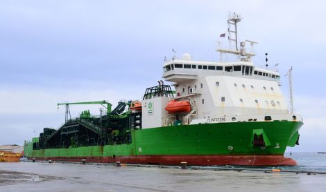 The 155 metre pilelay barge Flintstone visiting Lerwick harbour earlier this year - Photo: Mark Berry