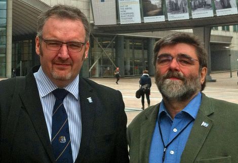 Flying the Shetland flag in Brussels are SIC political leader Gary Robinson (left) and Lerwick councillor Jonathan Wills - Photo: SIC