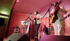 Son Yambu singer Yuri Moreno Soria in her gravity-defying shoes wanted folk dancing on the tables at Voe Hall. Maybe she'll get her way by the end of the weekend. Photo Olivia Abbott