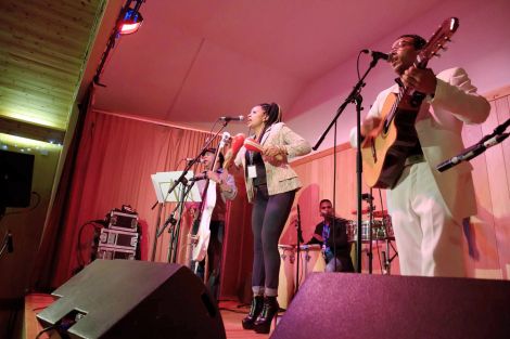 Son Yambu singer Yuri Moreno Soria in her gravity-defying shoes wanted folk dancing on the tables at Voe Hall. Maybe she'll get her way by the end of the weekend. Photo Olivia Abbott