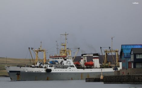 The klondyker Porfiriy Chanchibadze heaves into view past the North Ness on Friday morning. Photo Valian