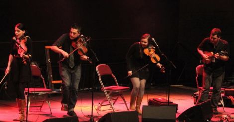 Cape Breton fiddle maestros Coig set the Clickimin alight with their fiery music. Photo Davie Gardner