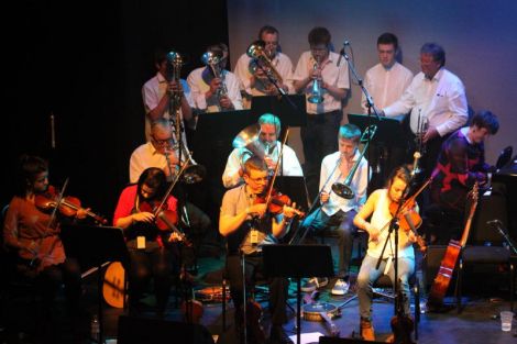 An informally dressed Lerwick Brass Band make a guest appearance for the Willie Hunter slow-air Love o da Isles. Photo Davie Gardner