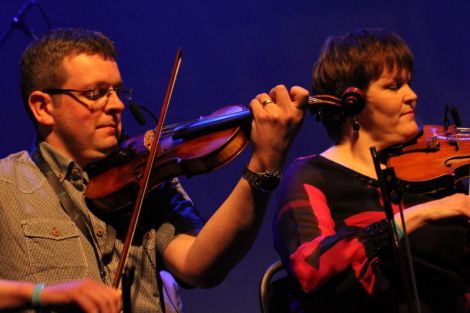 It was fiddle queen Margaret Scollay who organised the Shetland side of the Gathering, here playing with Ian Williamson. Photo Davie Gardner