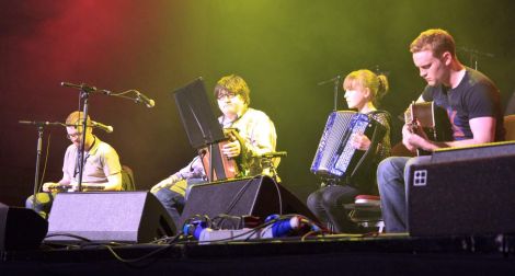 Sunday was a big night for 11 year old Niamh Wylie from Nesting who joined trad musician of the year Paddy Callaghan on stage with Adam Brown (left) and Danny Boyle (right) to perform her self-penned waltz. Photo Olivia Abbott