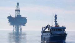 A fishing boat on guard duty on a calm day in the North Sea. Photo SFF Services