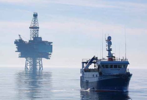 A fishing boat on guard duty on a calm day in the North Sea. Photo SFF Services