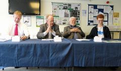 Presenting the Better Together case on his own was Shetland MSP Tavish Scott (left). The opposing view was put forward by Danus Skene and Ross Greer (both on the right). The debate was chaired by former councillor Bill Manson - Photo: ShetNews