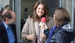 Meteorologists Alex Hill and Heather Reid at the centre of media attention on Thursday - Photo: ShetNews