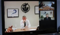 The joint press conference was held via video link (from left to right): Western isles council leader Angus Campbell, Orkney Islands Council leader Steven Heddle and Edinburgh based journalists - Photo: ShetNews