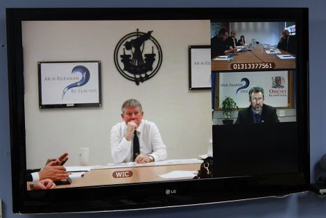 The joint press conference was held via video link (from left to right): Western isles council leader Angus Campbell, Orkney Islands Council leader Steven Heddle and Edinburgh based journalists - Photo: ShetNews