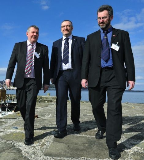 Island council leaders Angus Campbell, Gary Robinson and Steven Heddle in Lerwick on a sunny day in May this year. Photo Malcolm Younger