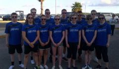 Shades on! The Shetland swimming team arrived in Bermuda mid week to acclimatise to a palm tree friendly climate. Back (from left): Gregor Moore, Jake Swanson, Callum MacGregor, Felix Gifford, Donnie Price. Front: Calum MacColl, Amy Harper, Andrea Strachan, Megan Petursdottir, Emmie Hutchison, Anne Hutchinson and Kate Jones.