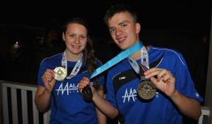 Andrea Strachan with her gold medal from the 50m breaststroke and Felix Gifford with his gold from the 200m butterfly and silver from the 200m individual medley - Photo: Swimming Team.