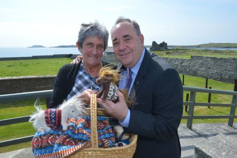 Alex Salmond arrived too late to meet the famous Shetland ponies Fivla and Vitamin in their Fair Isle jumpers, but knitwear designer Doreen Brown provided the perfect substitutes - all photos: Malcolm Younger