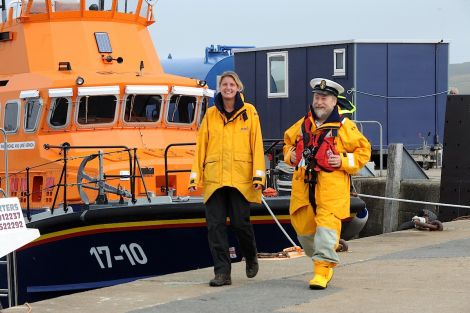 Lerwick lifeboat coxswain Bruce Leask welcomes Carol Smithard to the station - Photo: Malcolm Younger/Millgaet Media