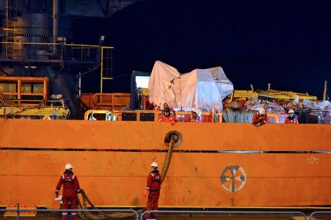 The Bibby Polaris with the helicopter fuselage on board arrived in the early hours of Thursday - Photo: ShetNews