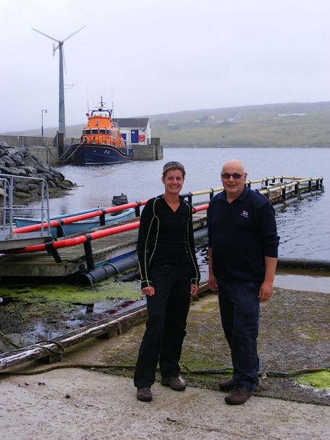 Carol Smithard with Aith lifeboat coxswain Hylton Henry - Photo: Elizabeth Wark/RNLI