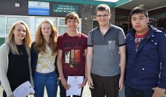 High achievers: Megan Petursdottir (16) and Kirsty Uttley (17) both got five 'A's at higher level. Charlie Unsworth (16) received seven '1's and a '2' at standard grade level. James Ma (18) received three 'A's and a 'C' at Advanced Higher and Ross Jamieson (17) received four 'A's at advanced higher – Photo: BBC