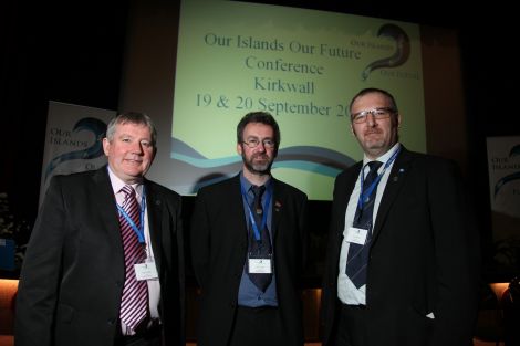 Island council leaders Angus Campbell, Steven Heddle and Gary Robinson at Thursday's opening of the historic Our Islands, Our Future conference in Kirkwall. Photo Ken Amer