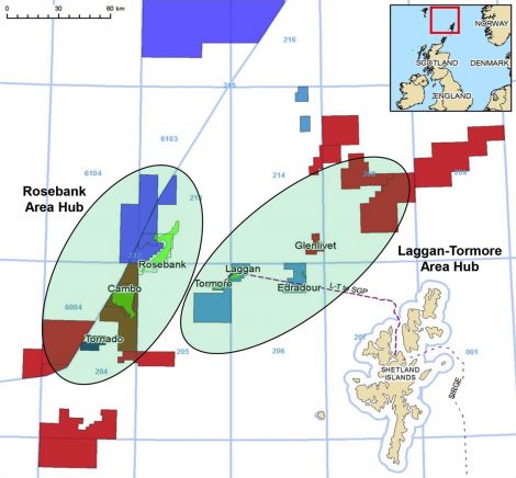 DONG envisages two strategic hubs around Laggan-Tormore and Rosebank further west, which will pipe gas south of Shetland to join the SIRGE line. Image DONG