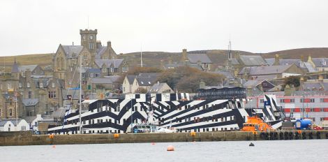 Two of the three accommodation barges moored in the centre of Lerwick - Photo: Ian Leask