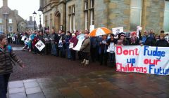 Protesters circled the Town Hall, too many to fit in one picture