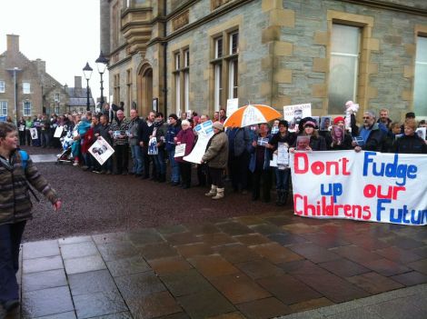 Protesters circled the Town Hall, too many to fit in one picture