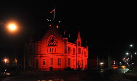 Lerwick Town Hall turned red as World Aids Day is marked - Photo: ShetNews