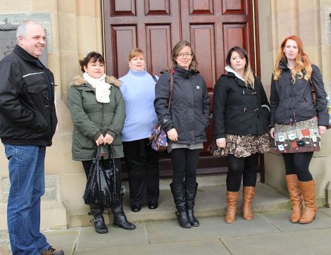 Skerries residents John West, Alice Arthur, Brenda Hay, Valerie McMillan, Mellany Gorman and Julie Arthur (from left to right) travelled to Lerwick to follow the debate in Lerwick town hall - Photo: Hans J Marter/ShetNews