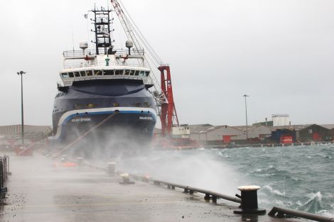 The Highland Defender ties up at Lerwick harbour to avoid the mountainous seas on Thursday. Photo Ian Leask