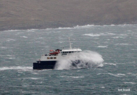 The Whalsay ferry Linga in heavy seas off Lunning Head on Sunday - Photo: Ian Leask