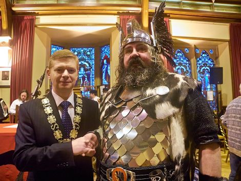 Guizer jarl Ivor Cluness meets council convener Malcolm Bell during Tuesday morning's civic reception in the Lerwick Town Hall - Photo: Chris Brown