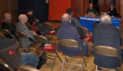 Around 15 people, predominantly men, turned up at Hamnavoe public hall to hear Jean Urquhart MSP argue in favour of Scottish independence. Photo Louise Thomason