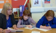 Librarian Morag Nicolson with Lainey Sinclair, aged 11 and Lindsey Sim, aged 10.