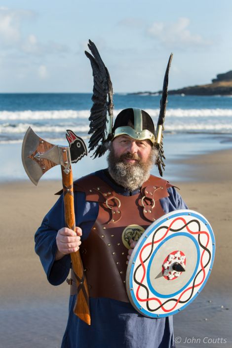 Jarl Richard Spence enjoying a bright day at Norwick beach. Photo: John Coutts