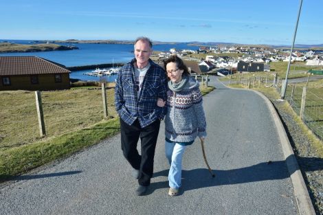 Andrew Halcrow back home in sunny Hamnavoe with his wife Alyson this week. Photo: Malcolm Younger