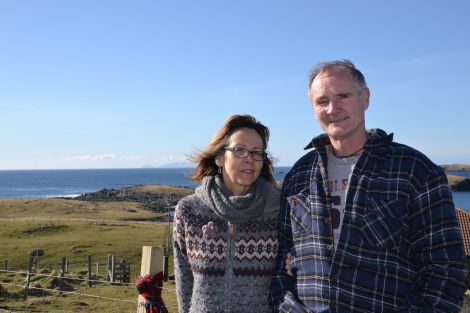 Alyson and Andrew Halcrow outside their home in Hamnavoe. Photo: Neil Riddell/Shetnews