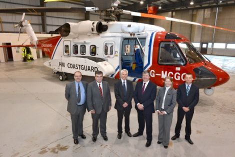 From left: Clark Broad, Bristows Helicopters; Richard Parks, Director of Maritime Operations with the MCA; Sir Alan Massey, MCA chief executive; Alistair Carmichael MP; Samantha Willenbacher, Director of UK Search and Rescue, Bristow Helicopters Ltd and chief pilot Jimmy Livitt. Photo Millgaet Media