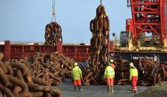 Anchor chains for a replacement vessel serving the Schiehallion oil field have been delivered to Lerwick Harbour for temporary storage. Photo: Alexander Simpson