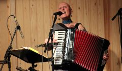 Inge Thomson performing Da Fishing Hands at Hillswick on Saturday night. Photo Shetnews