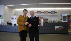 Former North Star picture house manager Alex Greig with Shetland Arts' Lynda Anderson, who took him on a tour of Mareel this week. Photo courtesy of Shetland Arts.