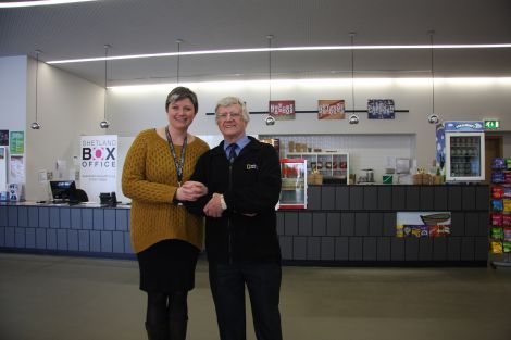 Former North Star picture house manager Alex Greig with Shetland Arts' Lynda Anderson, who took him on a tour of Mareel this week. Photo courtesy of Shetland Arts.